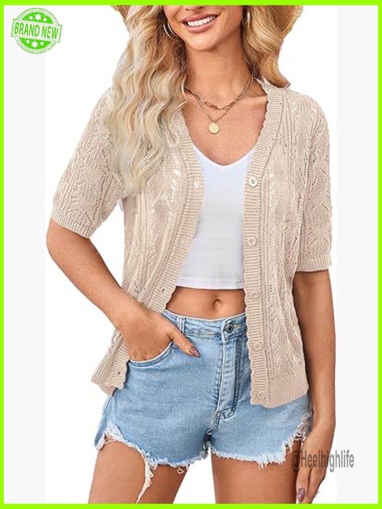 Short Sleeve Crochet Cropped Cardigan Button Front Lightweight Shrug For Dresses